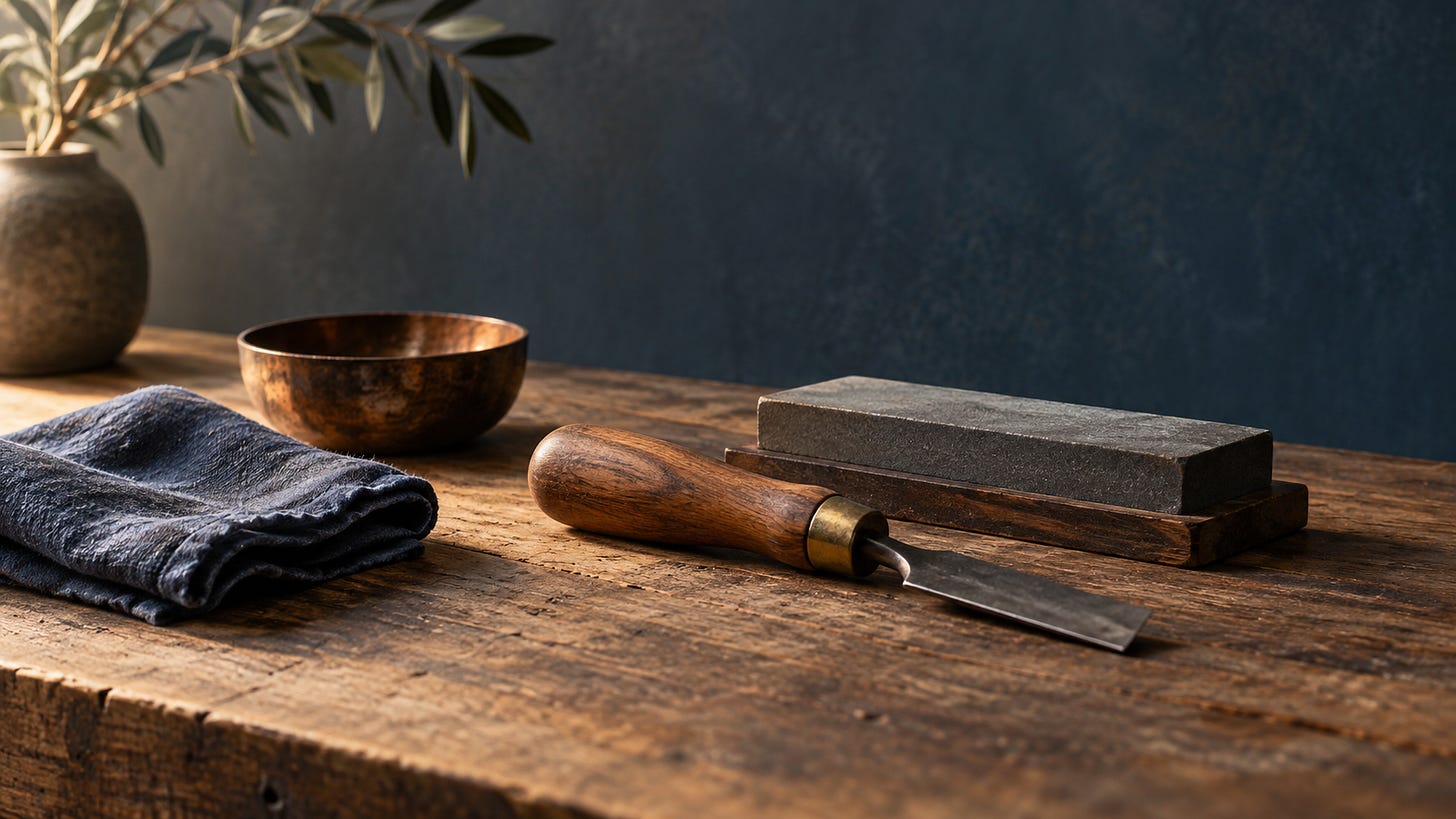 A chisel, sharpening stone, cloth, and bowl are arranged on a rustic table next to a potted plant.
