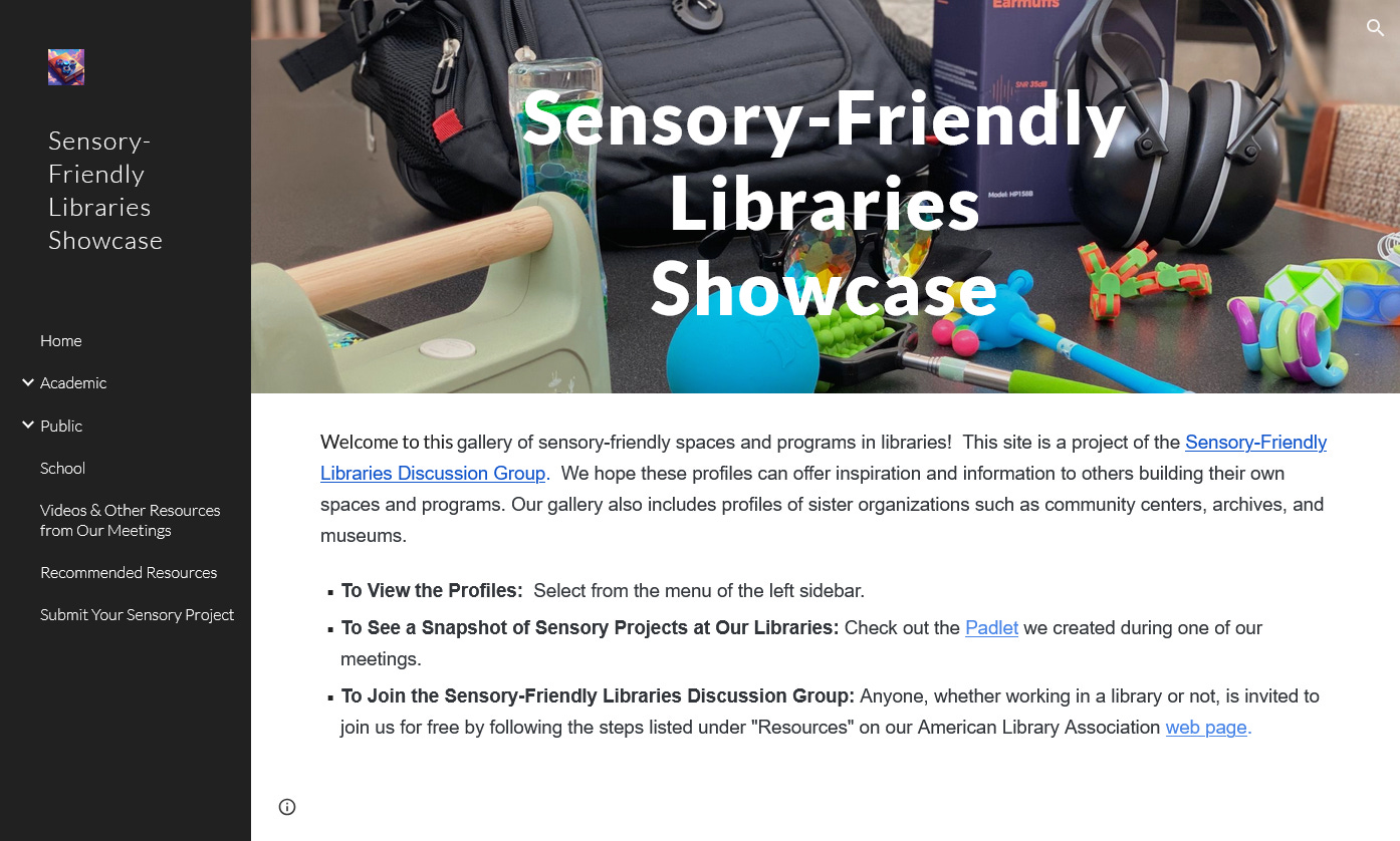Screenshot of the Sensory-Friendly Libraries Showcase website homepage, a Google Sites page collecting profiles of sensory spaces and programs from libraries across the United States