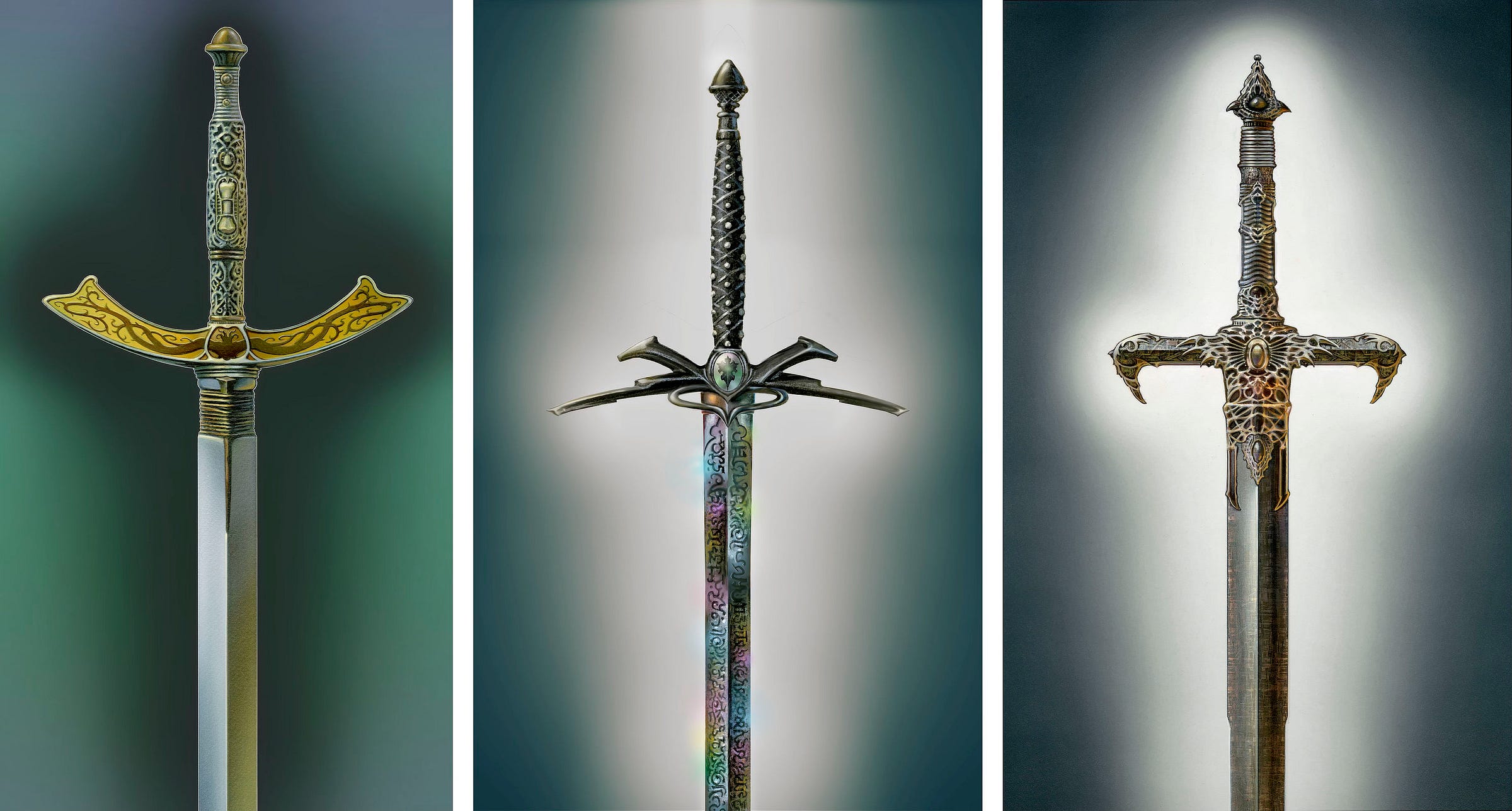 LEFT: **SPOILERS** - MINNEYAR (2016), A rough nail is bound to the straight blade just above the hilt which curves back slightly toward the grip. The arc of hilt is golden with branches of brambles decorating it. The handle is intricately carved in a knotwork-like pattern and there is a small bone set in it. The pommel is simple and rounded. CENTER: SORROW (2016) a runed blade reflecting odd patterns of light. It has a double crossguard with the side facing the grip shorter and thicker. The grip itself is wrapped in black leather and studded. RIGHT: THORN (2016) THORN (2016) The black blade made of meteorite exhibits a worn surface in the shine of light. The filigree looks gothic and sinister, intricately woven from the handle like the bones of bat wings spread over the crossguard and down a handspan of the blade, ending in a jeweled point in the middle and two extensions on the edge of the blade like insectile pincers. The crossguard extends straight out with claw-like quillons pointed blade-side and in. Even the pommel looks menacing with short barbs coming off the sides. LEFT: **SPOILERS** - MINNEYAR (2016), A rough nail is bound to the straight blade just above the hilt which curves back slightly toward the grip. The arc of hilt is golden with branches of brambles decorating it. The handle is intricately carved in a knotwork-like pattern and there is a small bone set in it. The pommel is simple and rounded. CENTER: SORROW (2016) a runed blade reflecting odd patterns of light. It has a double crossguard with the side facing the grip shorter and thicker. The grip itself is wrapped in black leather and studded. RIGHT: THORN (2016) THORN (2016) The black blade made of meteorite exhibits a worn surface in the shine of light. The filigree looks gothic and sinister, intricately woven from the handle like the bones of bat wings spread over the crossguard and down a handspan of the blade, ending in a jeweled point in the middle and two extensions on the edge of the blade like insectile pincers. The crossguard extends straight out with claw-like quillons pointed blade-side and in. Even the pommel looks menacing with short barbs coming off the sides.