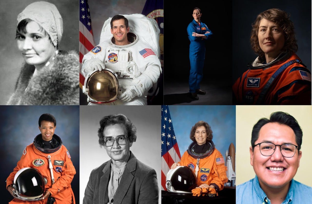 This image is a collage of eight portraits featuring diverse historical and modern figures associated with aerospace. The top row includes a vintage photo of an early aviator, a male astronaut in a white spacesuit holding a helmet, a female astronaut in a blue jumpsuit standing with arms crossed, and another female astronaut wearing an orange flight suit. The bottom row displays a female astronaut in an orange flight suit holding a helmet, a black-and-white portrait of a woman with glasses, a third female astronaut in an orange flight suit beside an American flag, and a smiling man wearing glasses and a blue shirt. This image is a collage of eight portraits featuring diverse historical and modern figures associated with aerospace. The top row includes a vintage photo of an early aviator, a male astronaut in a white spacesuit holding a helmet, a female astronaut in a blue jumpsuit standing with arms crossed, and another female astronaut wearing an orange flight suit. The bottom row displays a female astronaut in an orange flight suit holding a helmet, a black-and-white portrait of a woman with glasses, a third female astronaut in an orange flight suit beside an American flag, and a smiling man wearing glasses and a blue shirt.