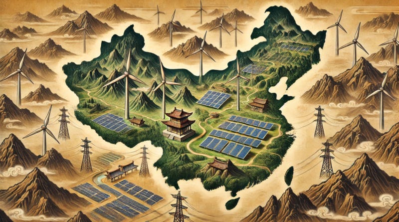 ChatGPT generated panoramic image of a map of China covered in solar panels, wind turbines and transmission lines in the style of ancient Chinese paintings ChatGPT generated panoramic image of a map of China covered in solar panels, wind turbines and transmission lines in the style of ancient Chinese paintings