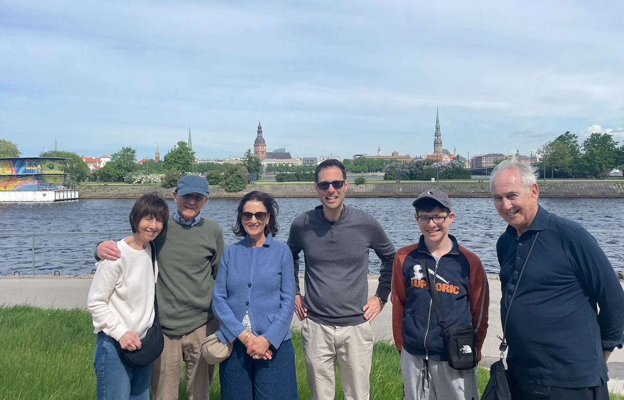Three generations of the Sandler family in Riga (May 2026). Our visit echoed Bernard and Hymie's journey almost ninety years earlier.