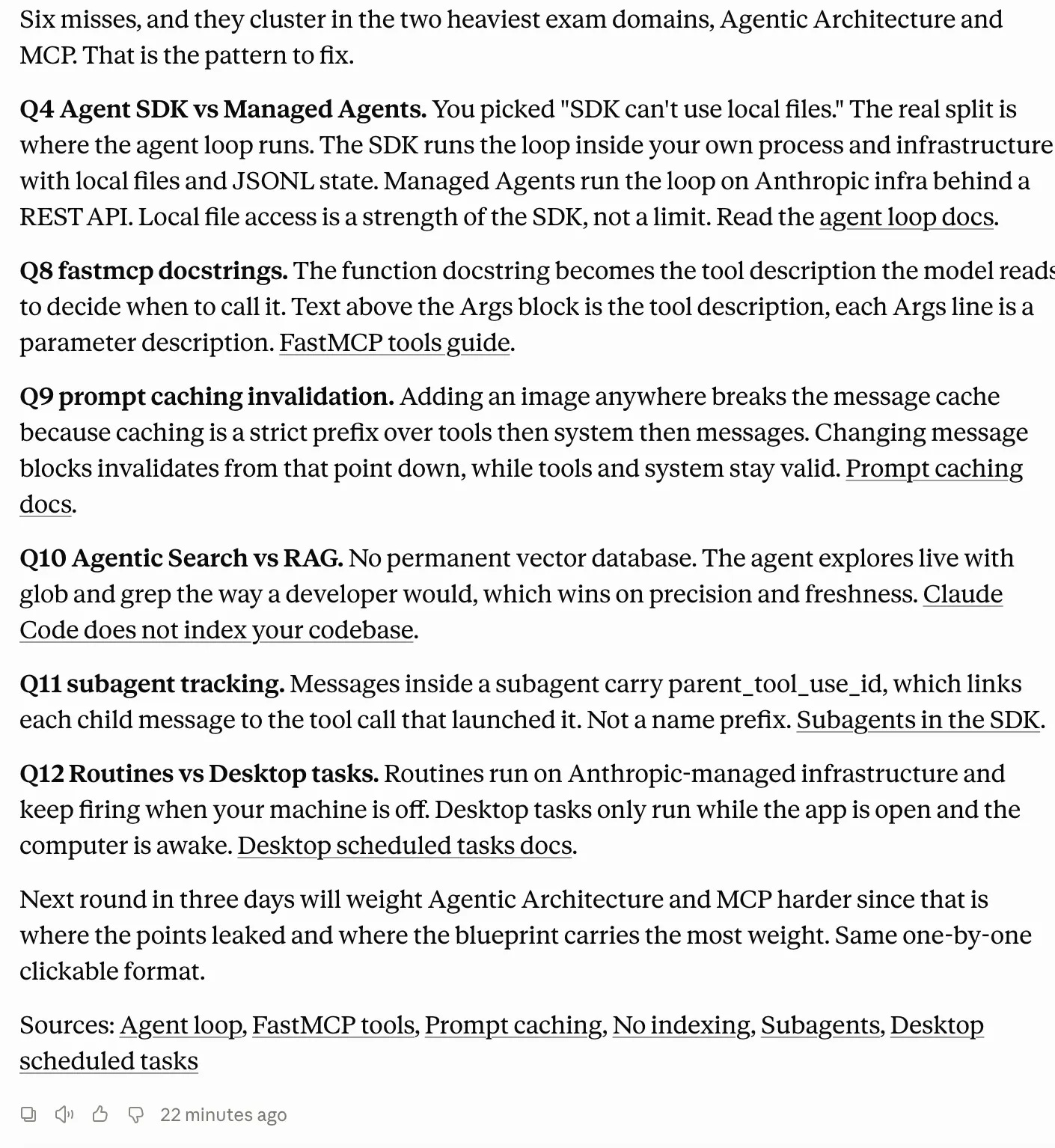 Grading breakdown of six missed questions on Agent SDK, MCP, prompt caching and subagents, each mapped to an official Claude documentation link Grading breakdown of six missed questions on Agent SDK, MCP, prompt caching and subagents, each mapped to an official Claude documentation link