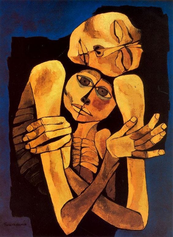 This may contain: a painting of two people holding each other