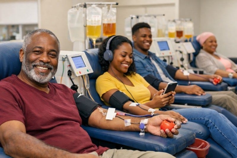 Group of Black people of varying ages donating plasma in a donation facility