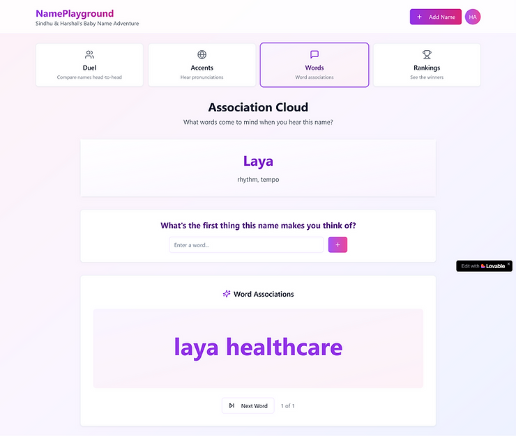 interface to add and see word associations.
interface to add and see word associations.