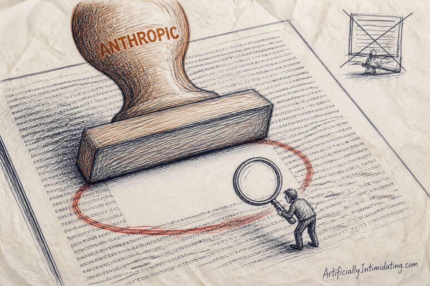 Pen-and-ink cartoon: a giant rust-orange rubber stamp with the word ANTHROPIC on its handle presses down on an enormous sheet of dense printed text. The patch of page it has stamped is completely blank. A tiny person standing on the page examines that blank patch through an oversized magnifying glass and finds nothing there. A red circle marks the empty spot.