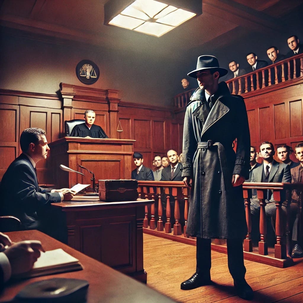 A dramatic courtroom scene where a spy is being found guilty. The spy, dressed in a dark trench coat and hat, stands at the defendant's table with a tense expression. The judge is delivering the verdict, while the jury and audience watch intently. The courtroom has a classic design with wooden furniture, dim lighting, and an intense atmosphere. The spy looks defeated as the verdict is announced. There are no visible letters or text in the image.