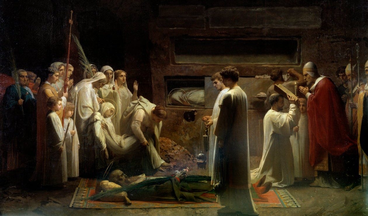 The martyrs at the catacombs Christian religious assembly at the funeral of  the first Christians in Rome