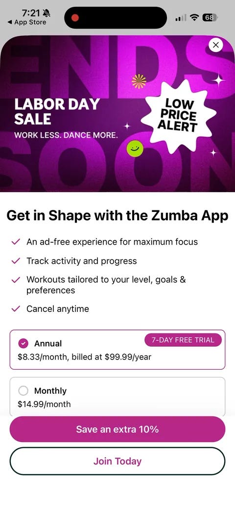 Zumba paywall with pricing, onboarding screen 16 Zumba paywall with pricing, onboarding screen 16