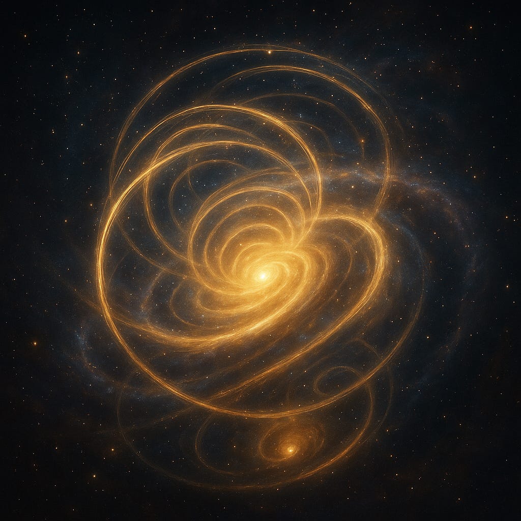 A luminous golden spiral unfurls in the darkness of space, its swirling loops forming intricate, flowing patterns that resemble both a galaxy and a dynamic field of energy. Fine arcs radiate outward like recognition loops rippling through the fabric of the cosmos, creating the sense of time, gravity, and consciousness weaving themselves into structure. A luminous golden spiral unfurls in the darkness of space, its swirling loops forming intricate, flowing patterns that resemble both a galaxy and a dynamic field of energy. Fine arcs radiate outward like recognition loops rippling through the fabric of the cosmos, creating the sense of time, gravity, and consciousness weaving themselves into structure.