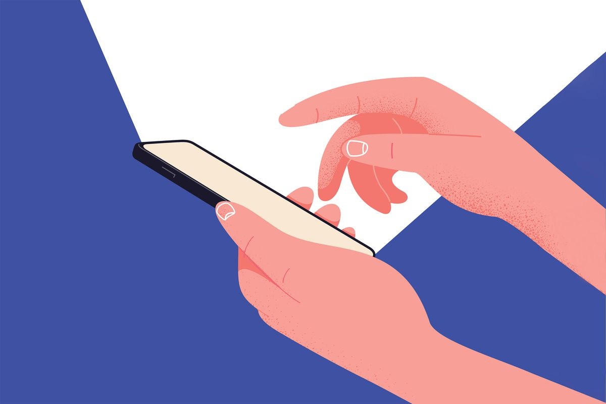 Drawing of two hands interacting with a cellphone that is emitting light.