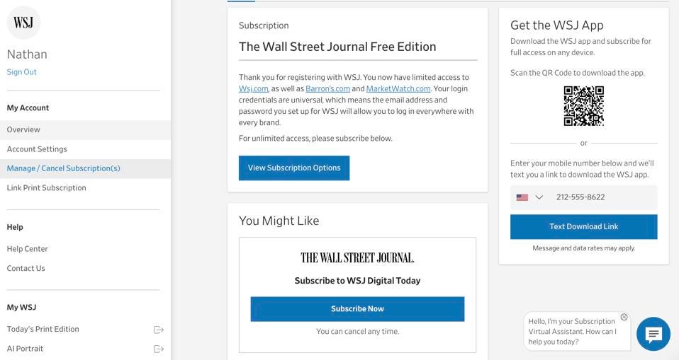 A screenshot of the cancellation page for the Wall Street Journal. A screenshot of the cancellation page for the Wall Street Journal.
