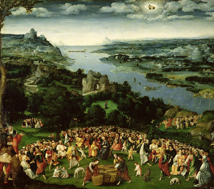 The Feeding Of The Five Thousand Oil On Panel by Joachim Patenier or Patinir