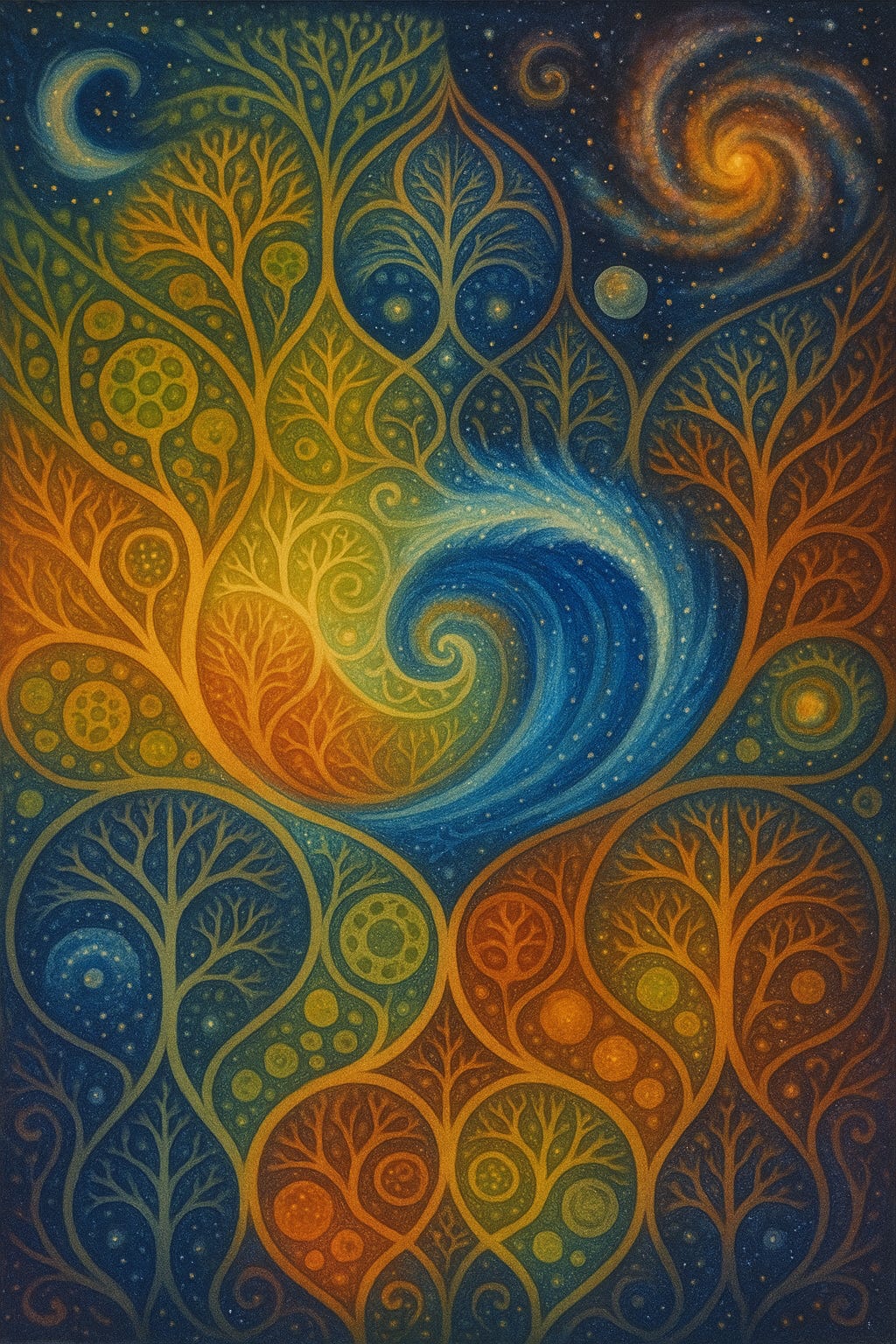 Highly detailed, text-free cosmic–nature artwork. A luminous, starry background blends into an organic tapestry of branching, tree-like forms in gold, teal, and ember tones. At the centre, a glowing blue spiral wave curls upward, as if the cosmos itself is flowing through the living pattern. The branches contain circular “cells” and nested orbs, hinting at biology, galaxies, and ecosystems all running on the same pattern.