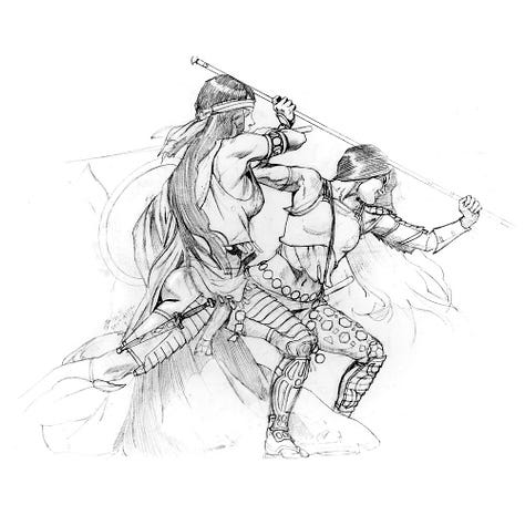LEFT: Detail from AMAZONS 2 featuring two dark haired Amazon warriors poised to attack on the bow of a boat. One grips a spear overhead to stab downward. The other wields sword and shield captured in the moment of backswing. As they ram the other ship the armored men aboard are jarred back by the impact. CENTER: Pencil study for AMAZONS 2 featuring two Amazon warriors in the pose of the final painting. RIGHT: Preliminary concept for AMAZONS 2 featuring the scene for the cover except here the fog extends to the boat the Amazon pirates are attacking. The two Amazon warriors are poised on the bow of their boat, ready to attack, however the slender bow doesn’t splinter the gunwales of the other ship as in the final cover image.