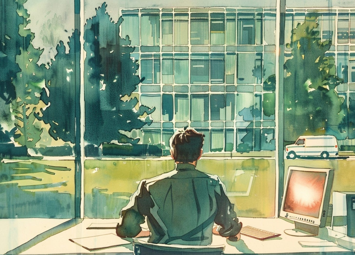 vintage editorial watercolor illustration of a lone figure at a desk seen from behind, large corporate windows, manicured grounds and white van visible outside, figure small against the glass, muted neutrals, cream paper texture