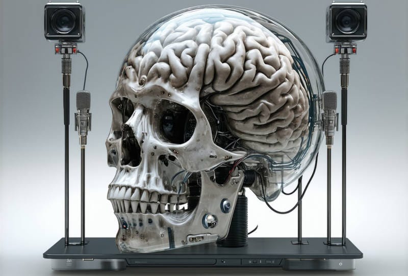 A brain in a skull with a glass cover, it is hooked up to microphones and speakers.