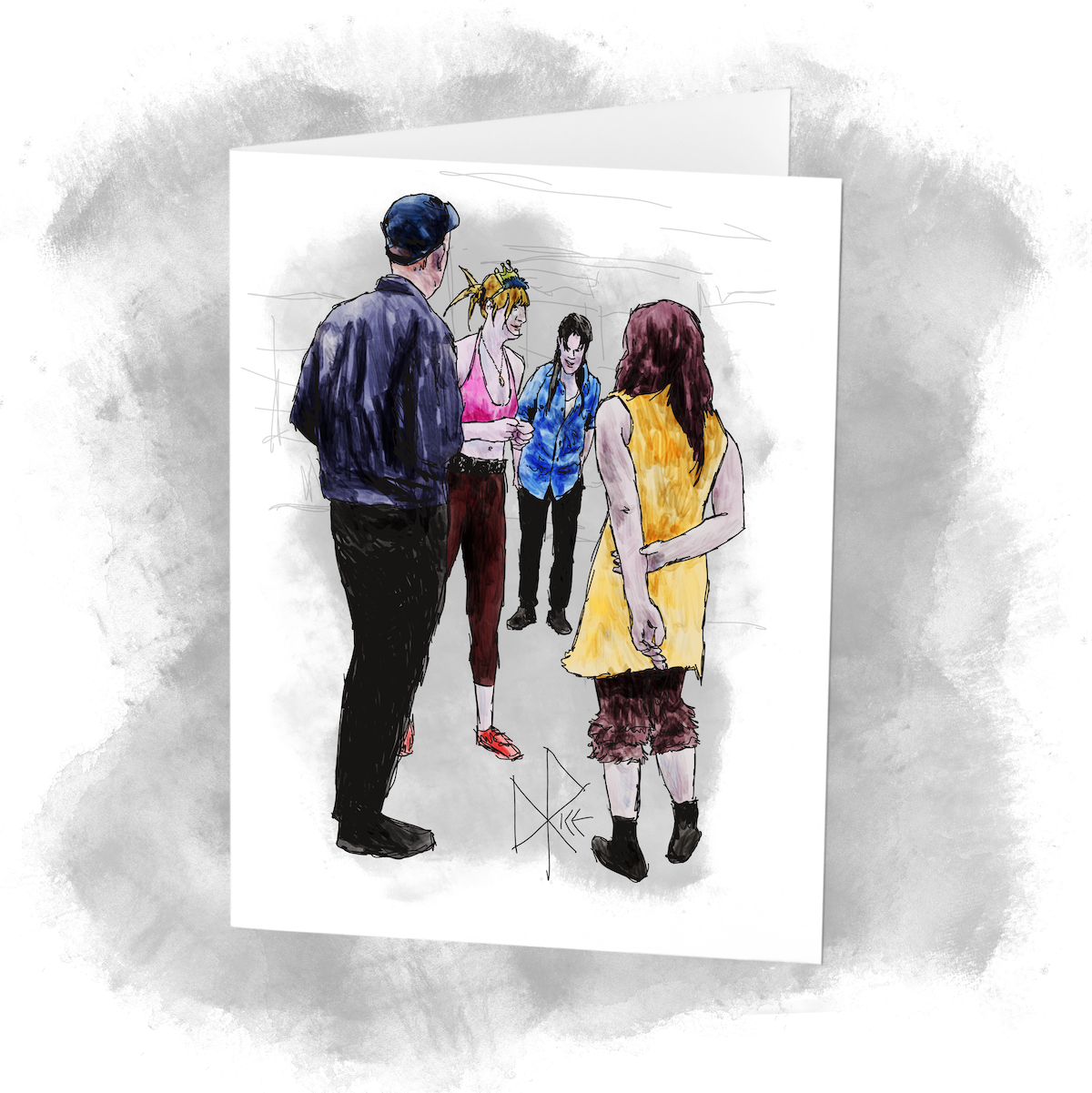 Four people stand and have a conversation while attending a live event. Sketch art by Don Rice.
