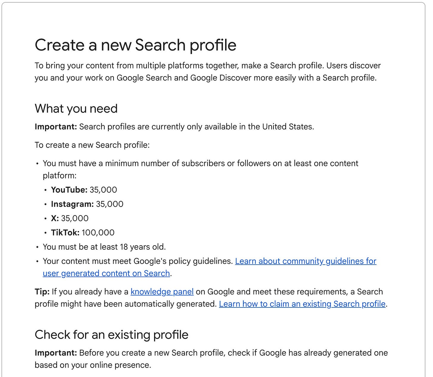 Google's official Search profile requirements: YouTube 35,000, Instagram 35,000, X 35,000, TikTok 100,000 Google's official Search profile requirements: YouTube 35,000, Instagram 35,000, X 35,000, TikTok 100,000