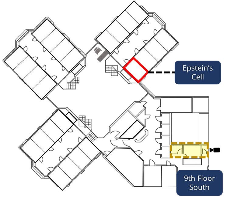 An architectural diagram of a prison unit, with a section highlighted in yellow and a camera icon superimposed next to it