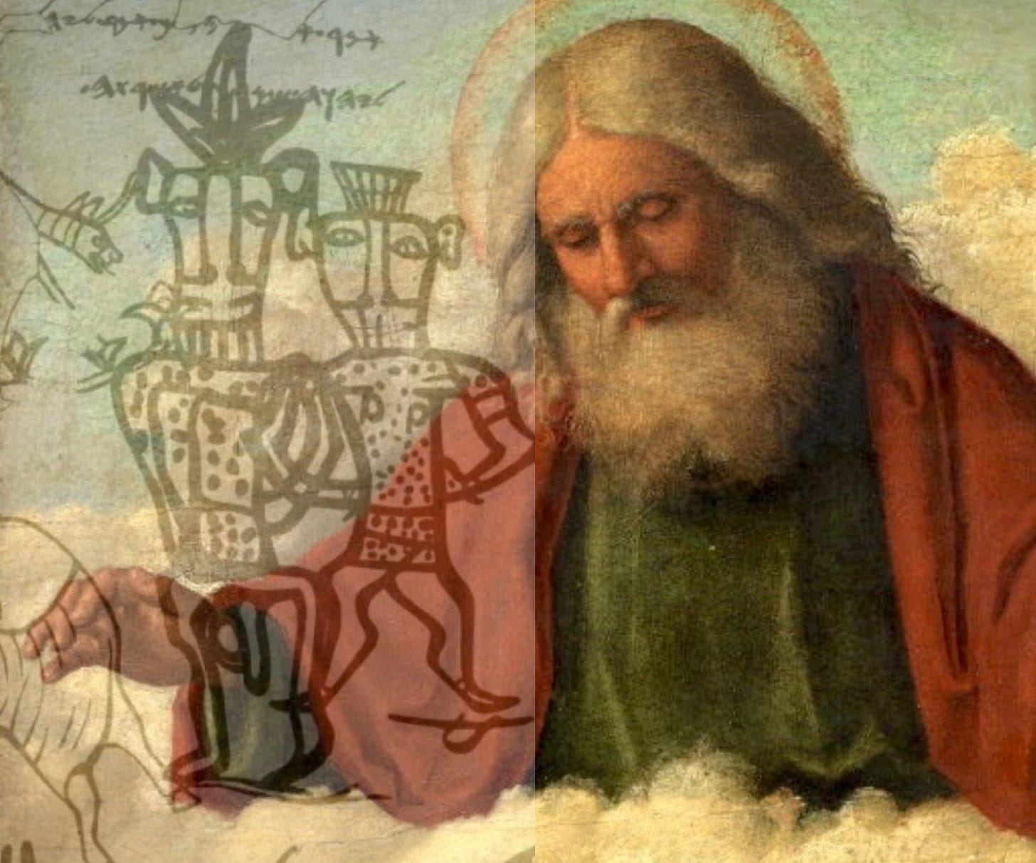 A renaissance painting of God looking down from the clouds of the heavens is overlaid with ancient depictions of Yahweh and Asherah as crudely-drawn cartoon-like figures from the 9th century B.C.E. A renaissance painting of God looking down from the clouds of the heavens is overlaid with ancient depictions of Yahweh and Asherah as crudely-drawn cartoon-like figures from the 9th century B.C.E.