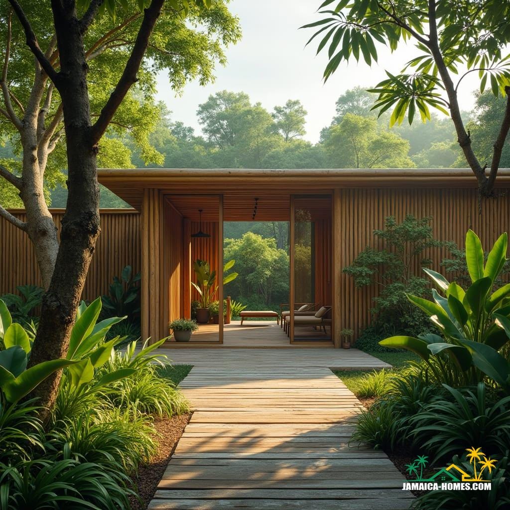 Eco-retreat and wellness center in St. Elizabeth, Jamaica, nestled in lush surroundings, with reclaimed wood and bamboo structures blending seamlessly into the natural landscape. Open yoga studios and meditation gardens, with large windows framing the vibrant greenery, inviting warmth and serenity. Minimalistic design, with a focus on sustainability, featuring natural textures and earthy tones, evoking a sense of organic harmony.