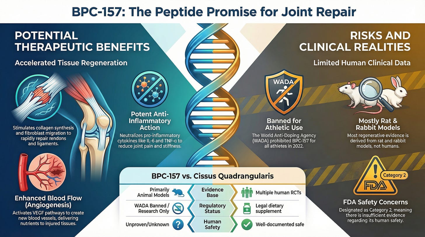 An infographic titled "BPC-157: The Peptide Promise for Joint Repair" comparing therapeutic benefits like anti-inflammatory action and blood flow with risks including limited human data, WADA athletic ban, and a comparison chart with Cissus Quadrangularis.