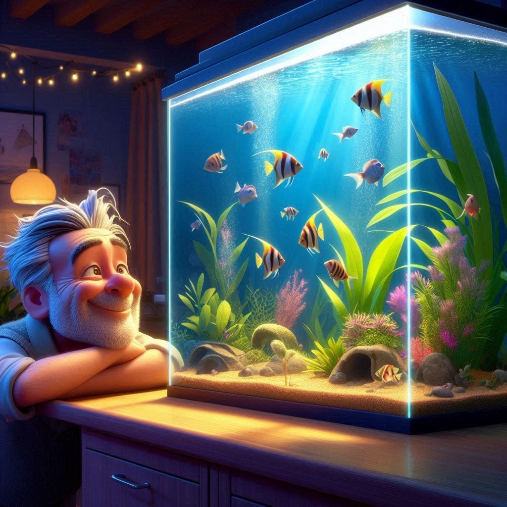 Crie uma imagem de um aquario plantado com peixes, iluminação adequada, cores brilhantes, sendo observado por um rapaz branco de meia idade muito satisfeito, num ambiente tipo sala com iluminação um pouco mais escura do que o aquário, em estilo pixar