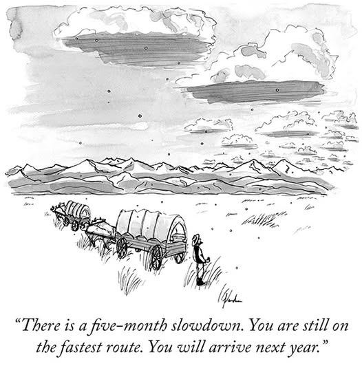 May be a doodle of text that says 'lqs "There is a five-month slowdown. You are still on the fastest route. You will arrive next year."'