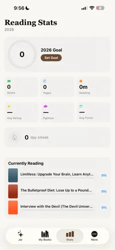TBR Book Jar reading stats dashboard with yearly goal, streak tracker, and activity heatmap
