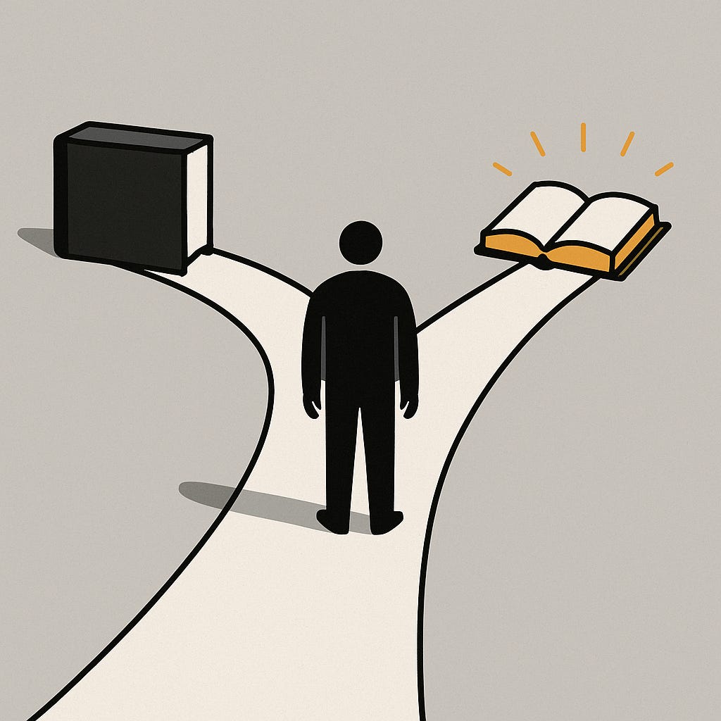 A person stands at a fork in the road, one path blocked by a closed book and the other lit by an open glowing book.