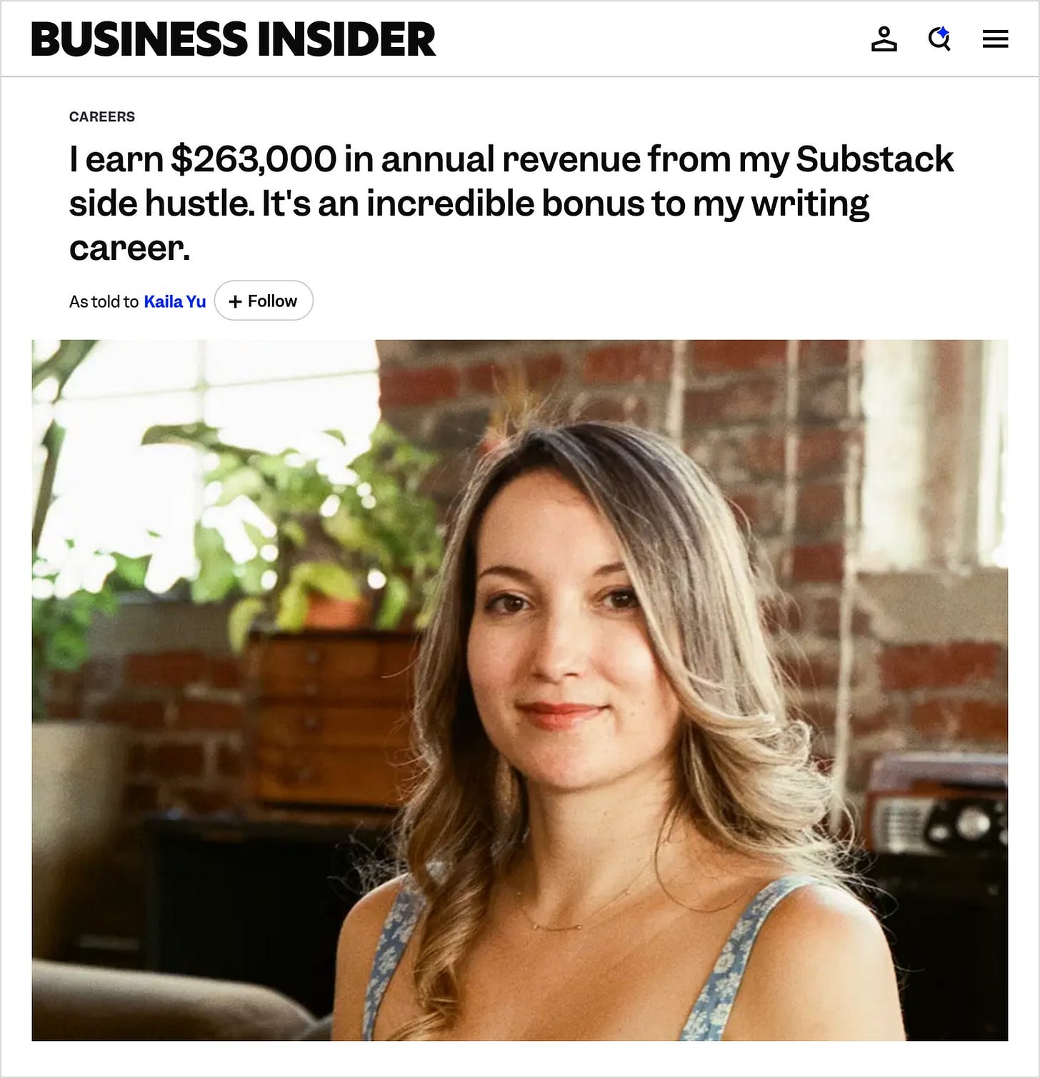 Screenshot of the Business Insider essay about Amy Suto's Substack side hustle, as told to Kaila Yu, with a photo of Amy Screenshot of the Business Insider essay about Amy Suto's Substack side hustle, as told to Kaila Yu, with a photo of Amy