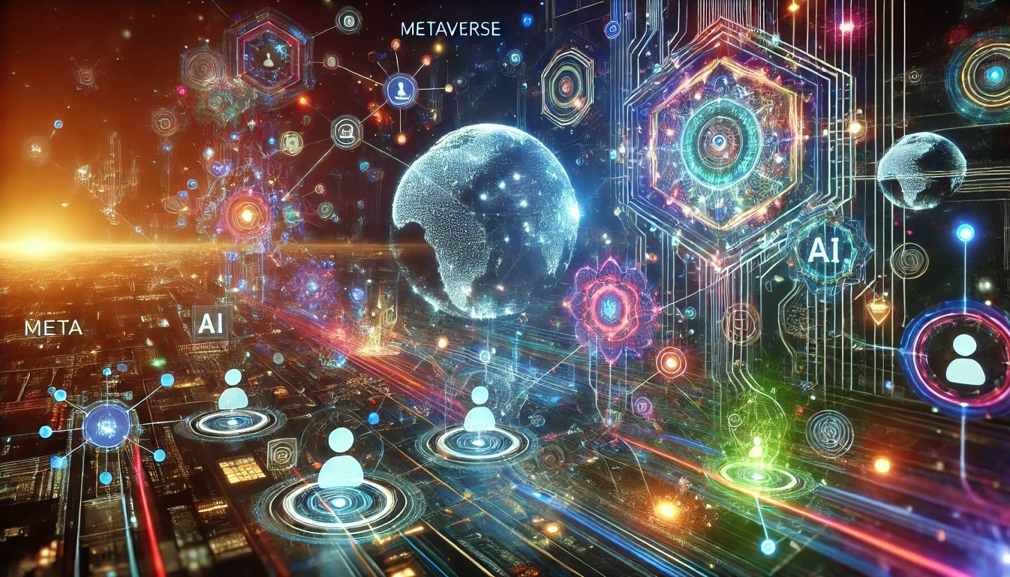 A futuristic abstract digital artwork inspired by the company Meta. The image features interconnected virtual reality landscapes, AI-driven networks, and holographic social connections. Bright, vivid neon colors illuminate the composition, creating a high-tech, cyberpunk aesthetic. Elements such as the Metaverse, augmented reality interfaces, and digital communication hubs should convey the company's focus on immersive technology. The background should have a deep contrast to highlight the glowing, interconnected digital ecosystem.