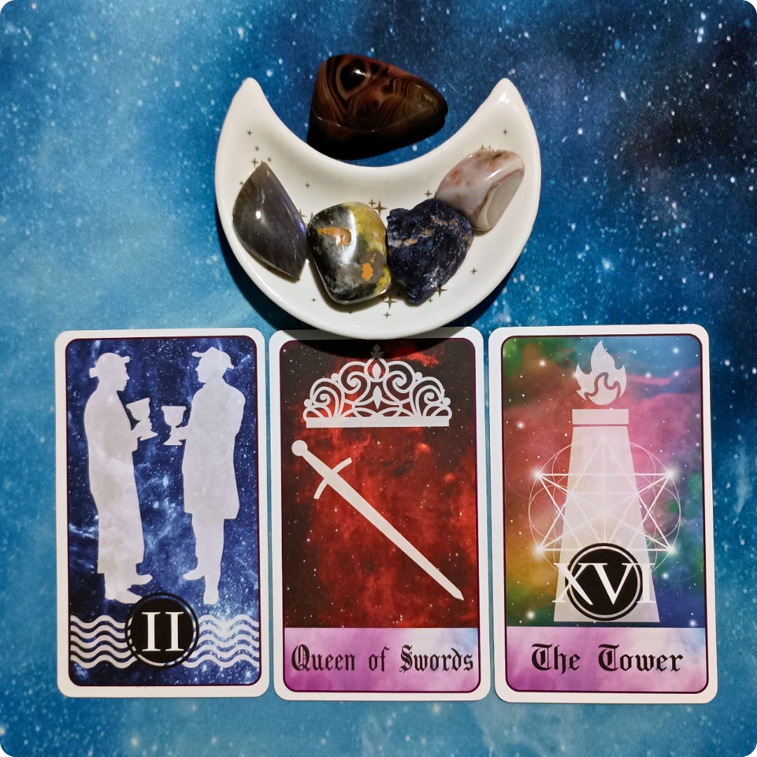 A Difficult Task or Conversation ~ A Message From the Universe, 3 Celestial Tarot cards and crystals on a starry background