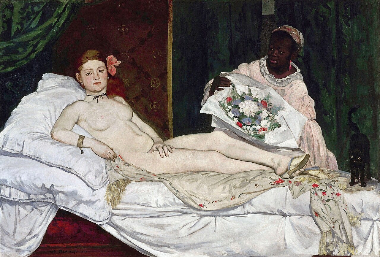 Manet's Olympia, a reclining nude who returns the viewer's gaze flatly Manet's Olympia, a reclining nude who returns the viewer's gaze flatly