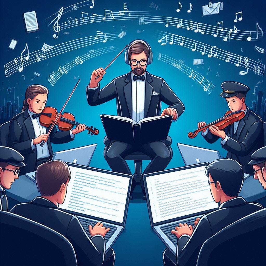software developer that has four developers writing code for them that they're managing like a conductor software developer that has four developers writing code for them that they're managing like a conductor