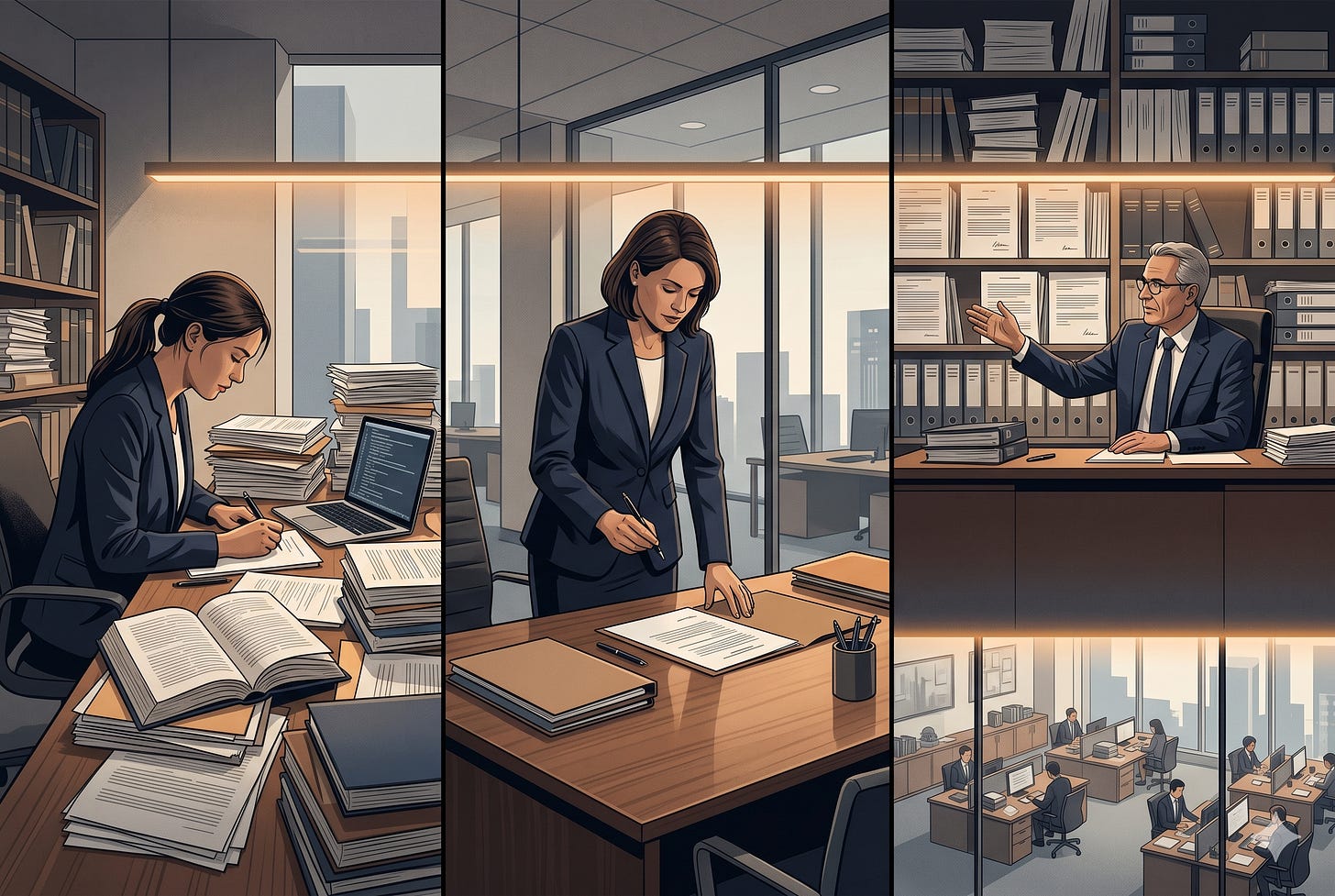 A three-panel illustration of a law firm at different levels of seniority, joined by a single band of amber light running across all three panels. Left: a junior associate sits at a desk crowded with open law books and a laptop, head down, drafting. Center: a mid-career attorney stands over a desk, pen in hand, about to sign a single document. Right: a senior attorney sits at a wide desk gesturing toward a wall of binders, overlooking an open floor of smaller desks below. Muted navy and warm gray palette.