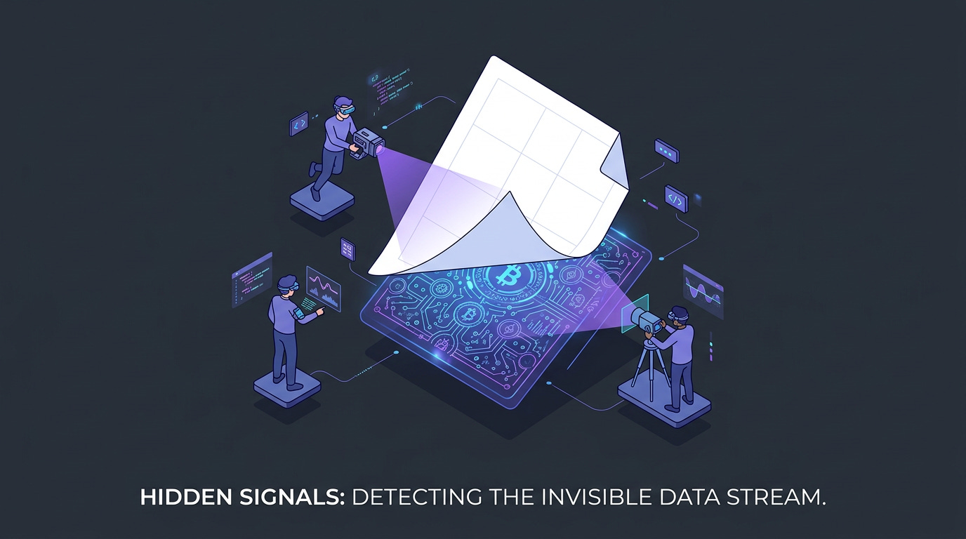 Flat isometric illustration of a floating document with hidden glowing patterns embedded beneath its surface, tiny engineers scanning the invisible signal with futuristic detection devices while the page appears blank to everyone else, dark charcoal background, clean vector art style, blue and violet color palette, digital trust editorial aesthetic Flat isometric illustration of a floating document with hidden glowing patterns embedded beneath its surface, tiny engineers scanning the invisible signal with futuristic detection devices while the page appears blank to everyone else, dark charcoal background, clean vector art style, blue and violet color palette, digital trust editorial aesthetic