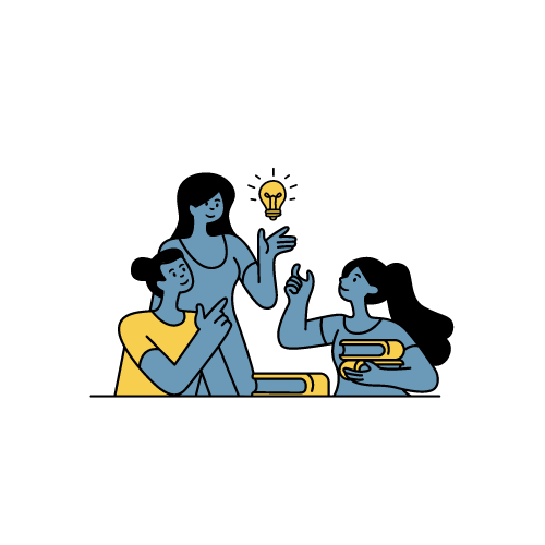 3 women huddled around a table pointing to a lightbulb