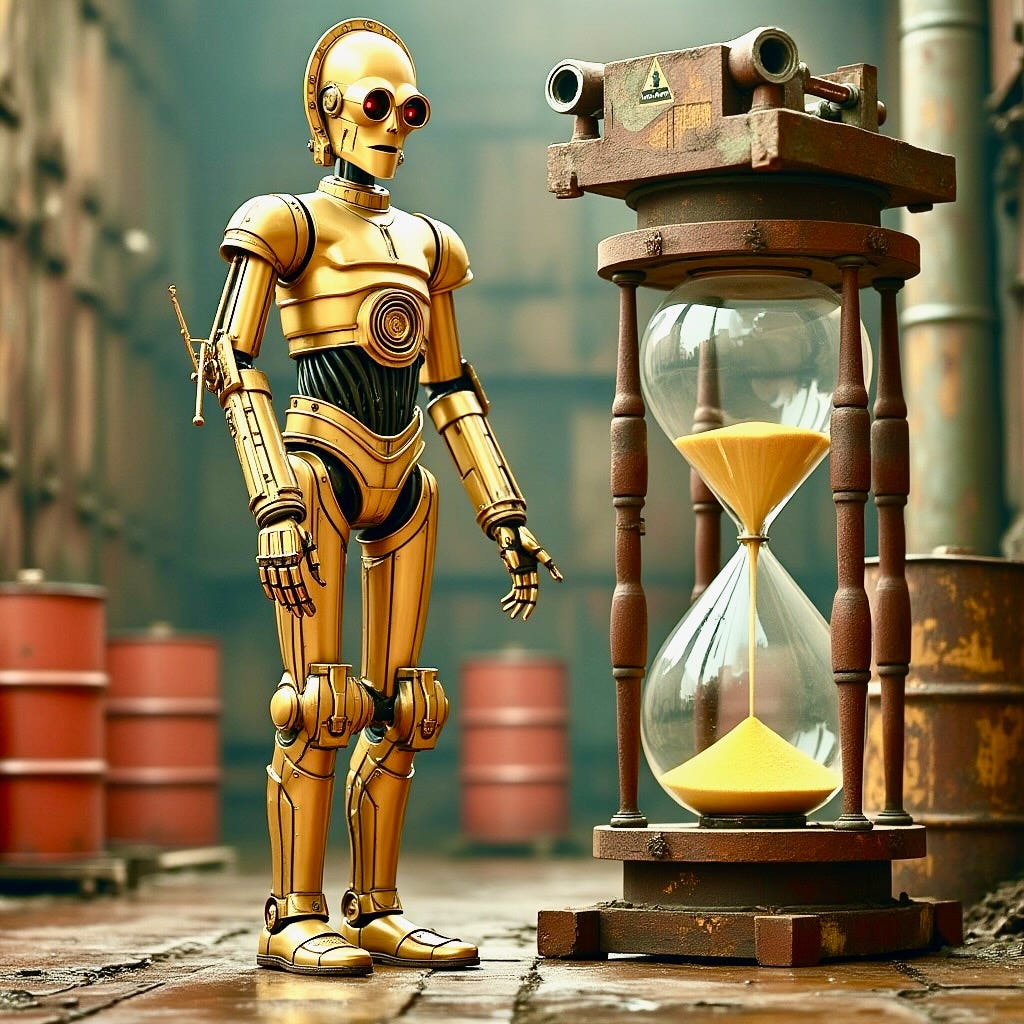 A robot standing next to an hourglass

Description automatically generated