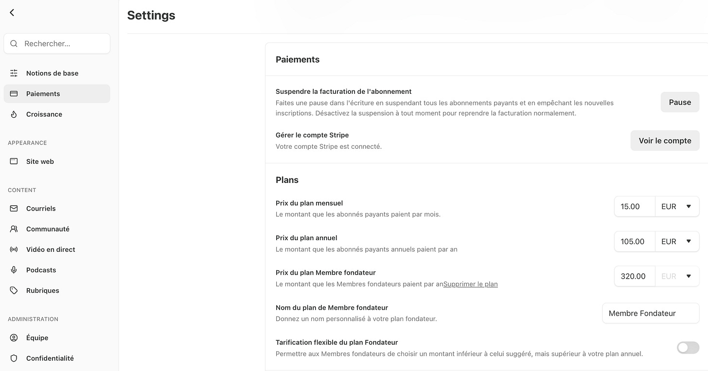 Configuration des tarifs d’abonnement mensuel, annuel et Fondateur d’une newsletter payante sur Substack.