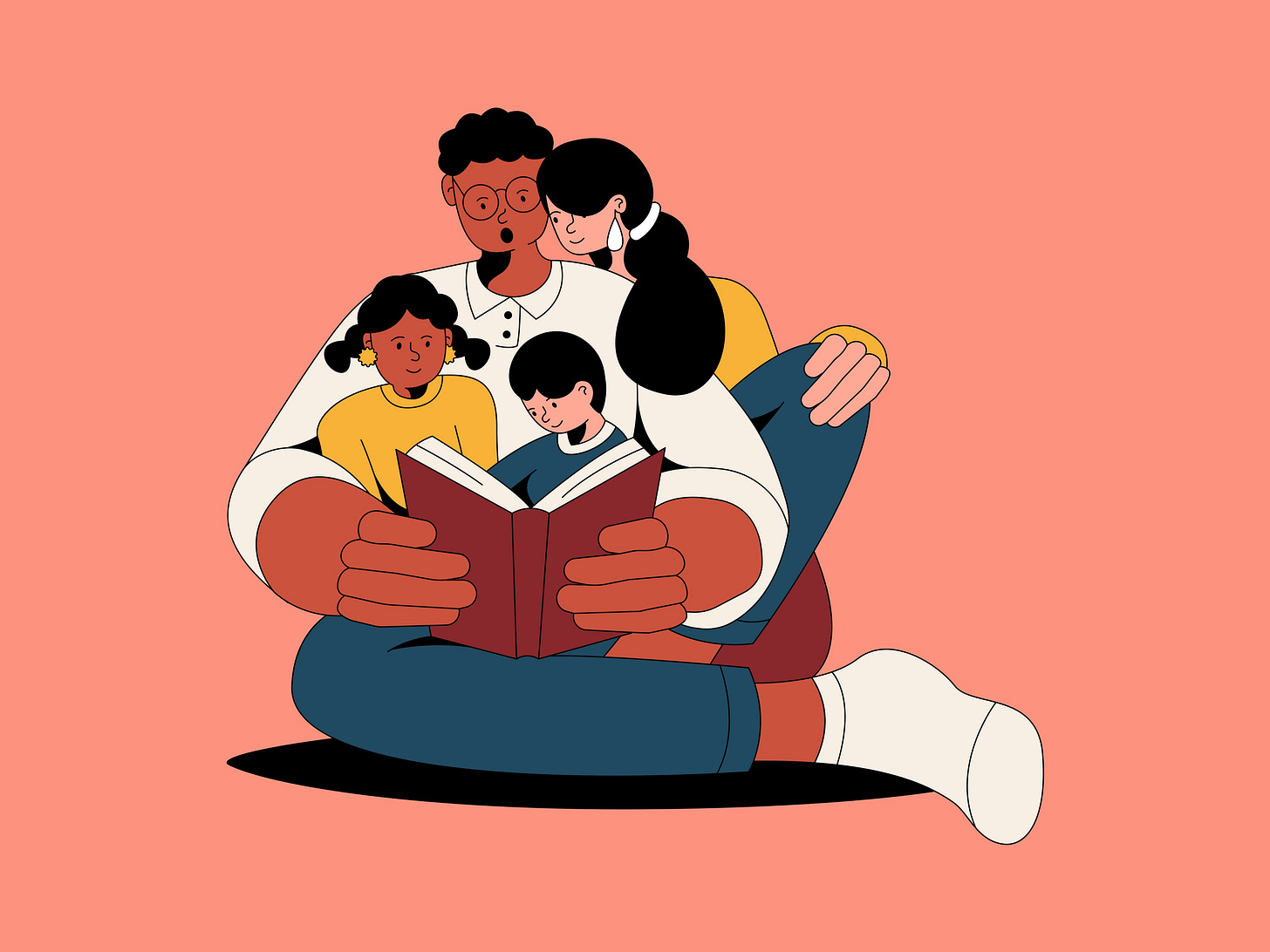 Illustration of grownup reading to children. 
