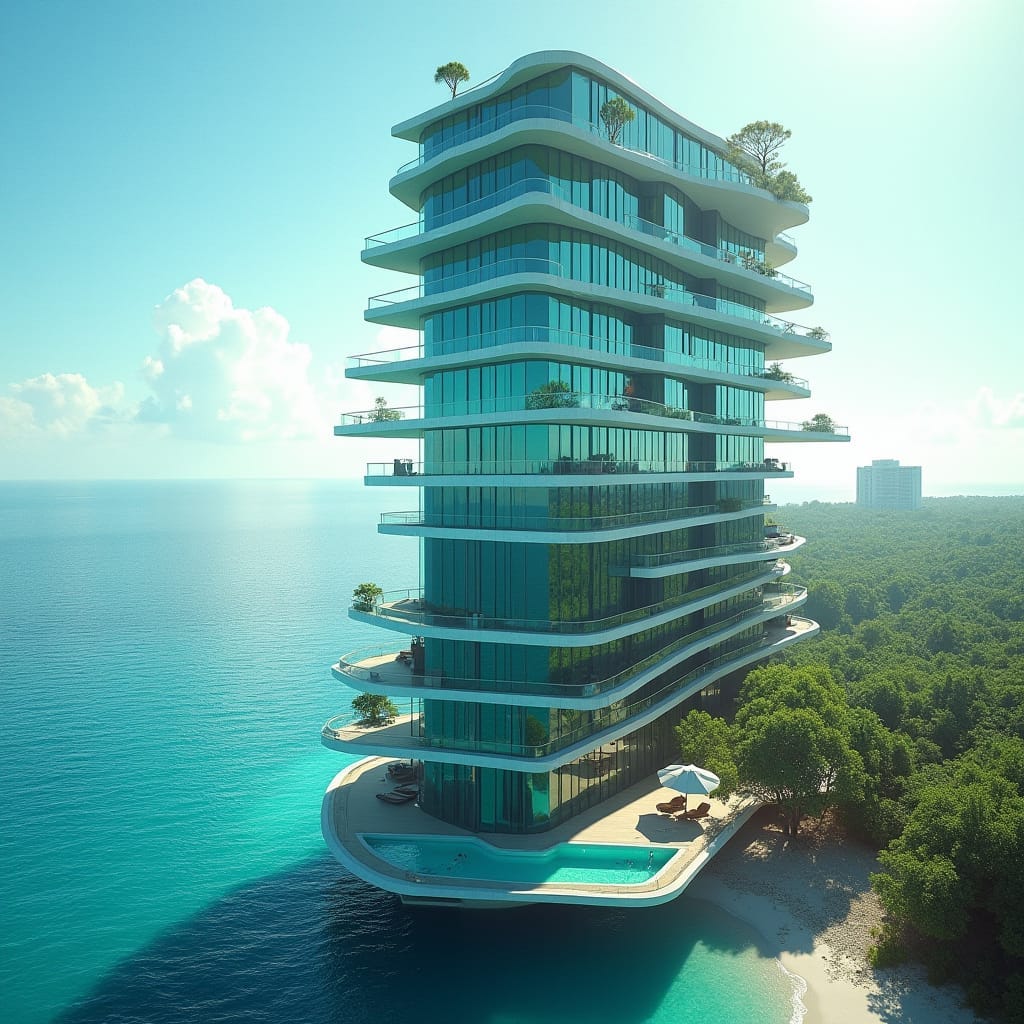  A sleek, modern 20-story glass hotel stands prominently on  Caribbean beechline, its  Protruding windows, multiple swimming suspending above ground and on the ground merging into sea.  platforms create a dynamic, futuristic aesthetic, evoking a sense of tropical modernity.  