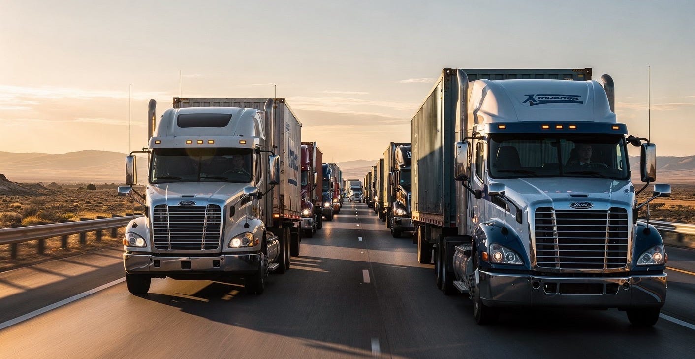 Two columns of heavy tractor-trailer trucks driving toward the camera on a divided highway at sunrise, with desert and mountains in the background. Two columns of heavy tractor-trailer trucks driving toward the camera on a divided highway at sunrise, with desert and mountains in the background.