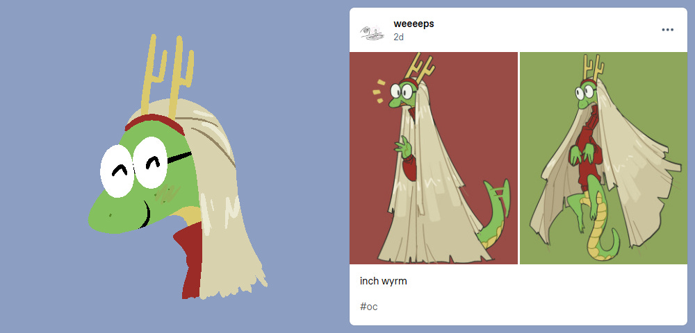 A line-less sketch depicts the inch wyrm from the shown post, smiling happily while looking slightly to the side.  Original post: https://www.tumblr.com/weeeeps/788900681095462912