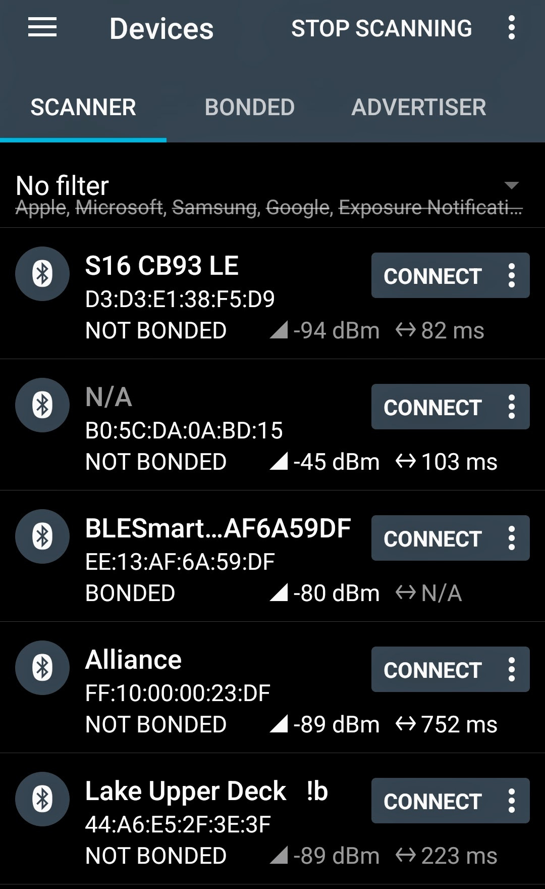 nRF Connect screen on Android