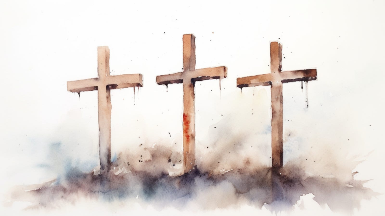 A watercolor illustration of three wooden crosses standing next to each other. A watercolor illustration of three wooden crosses standing next to each other.
