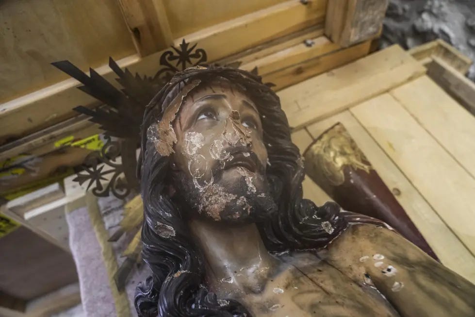 A damaged statue of Jesus in the Church of the Flagellation in Jerusalem’s Old City, Thursday, Feb. 2, 2023. 