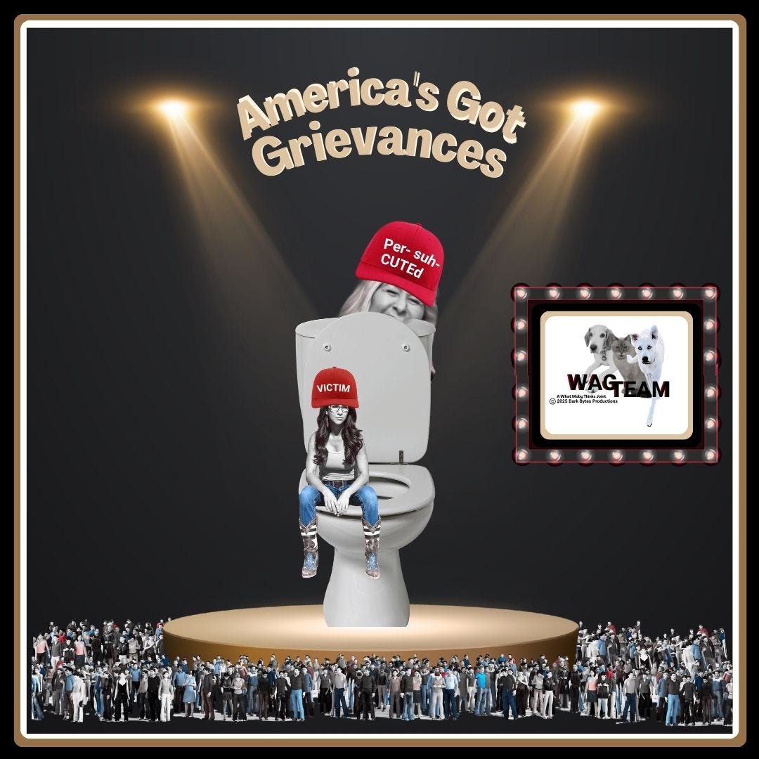 A gleaming white toilet on a golden pedestal serves as America's newest political throne, complete with "VICTIM" and "Per-suh-CUTED" MAGA-style hats. Truly a seat of power for those who've turned whining into winning. A gleaming white toilet on a golden pedestal serves as America's newest political throne, complete with "VICTIM" and "Per-suh-CUTED" MAGA-style hats. Truly a seat of power for those who've turned whining into winning.